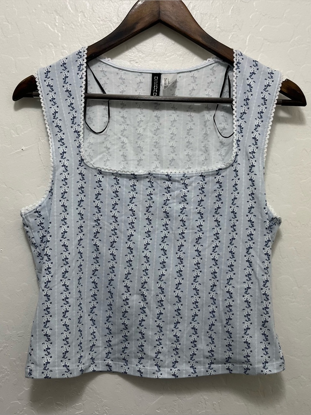 H&M Blue Floral Square Neck Lace Trim Tank Top Size L